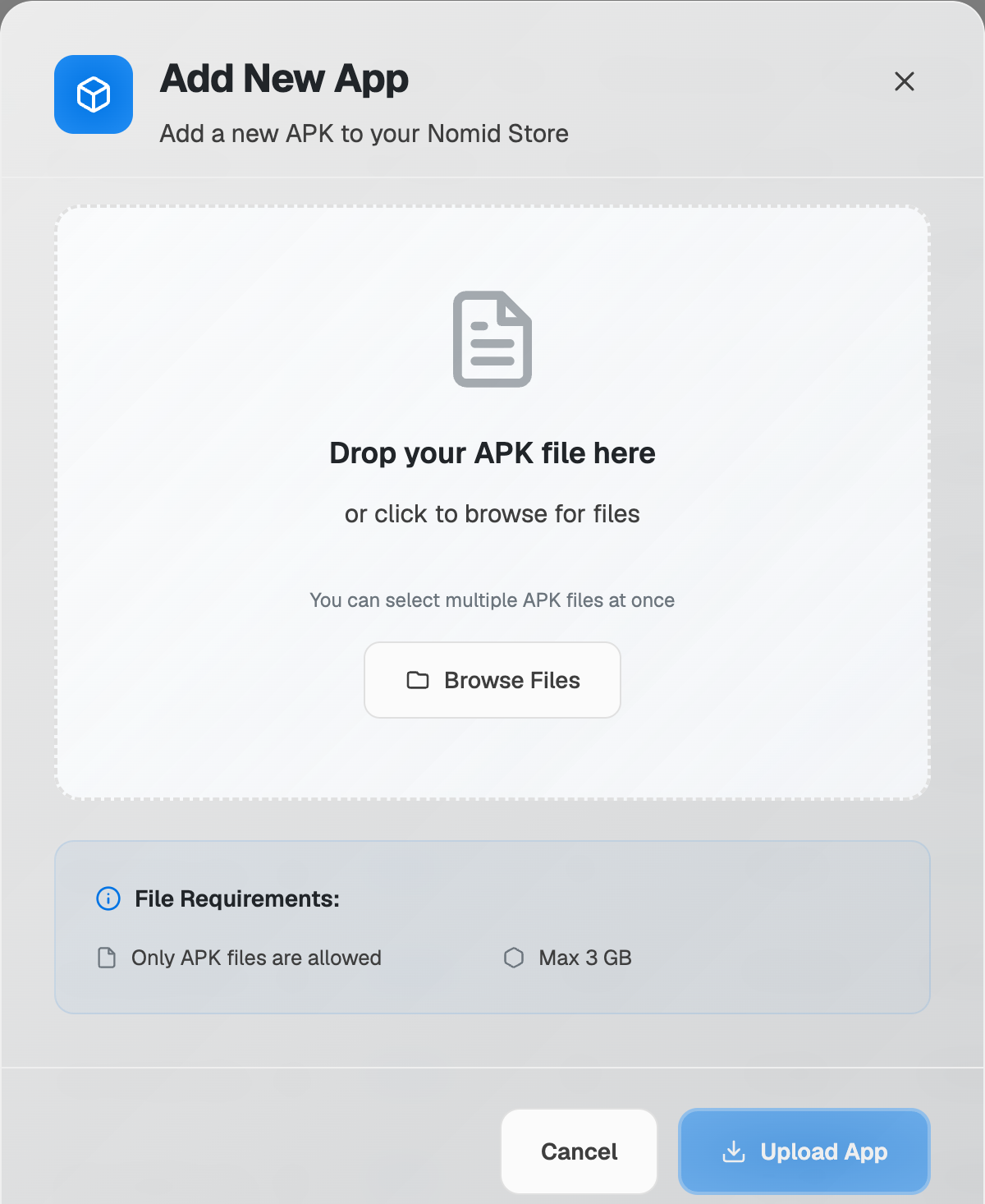 Portal Nomid Okno dialogowe Dodaj nową aplikację z pustym obszarem wyboru pliku APK